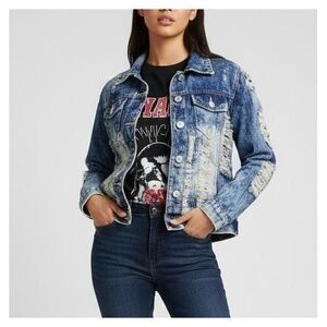 DAZL Distressed Denim Jacket Womens Large Blue Acid Wash Shredded Y2K Punk